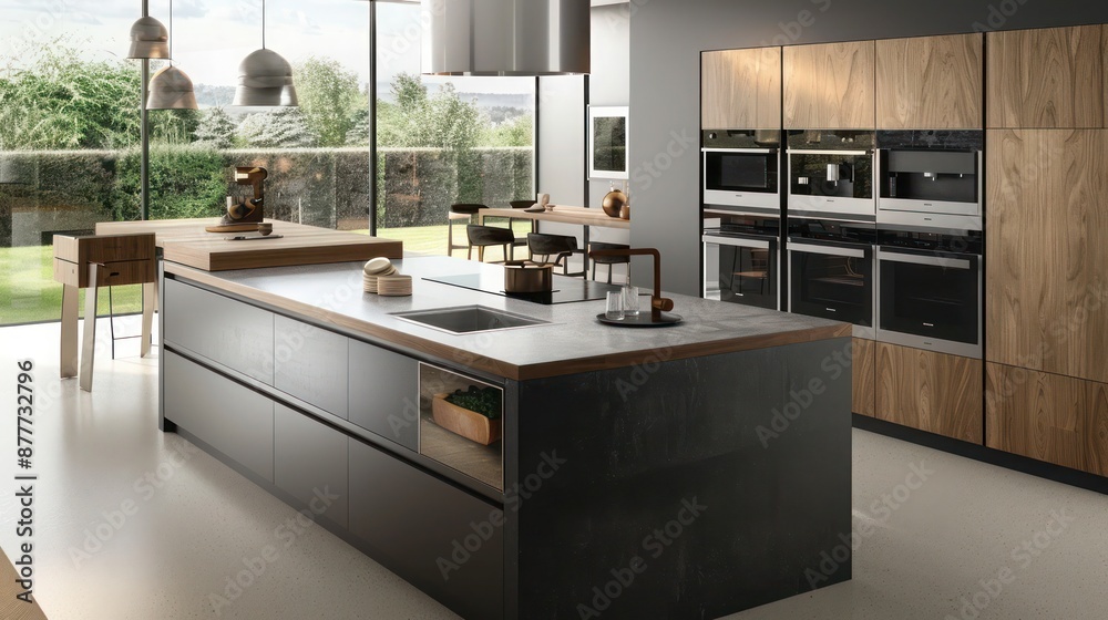 modern suburban kitchen with a movable island that can be repositioned to create a flexible space for cooking and socializing modern suburban kitchen with a movable island that can be repositioned to create a flexible space for cooking and socializing