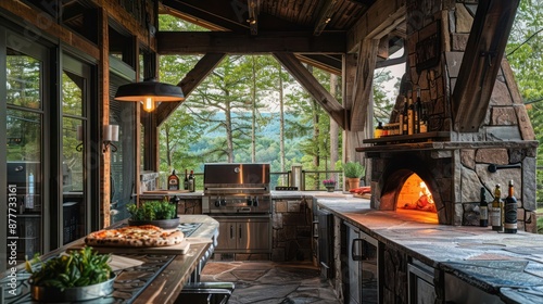 rustic Craftsman-style outdoor kitchen with a wood-fired pizza oven and a stone countertop