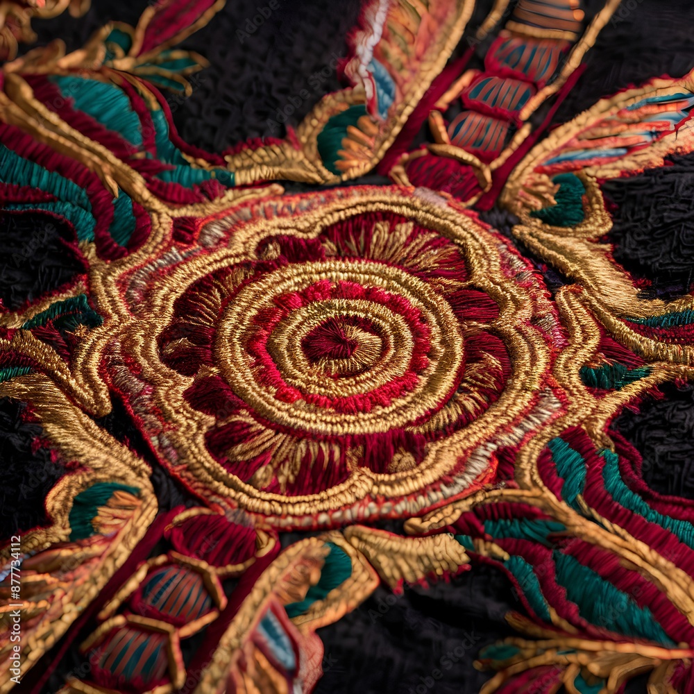 A detailed close-up of luxurious fabric showcasing intricate gold and red embroidery with elaborate patterns. This elegant and opulent design is perfect A detailed close-up of luxurious fabric showcasing intricate gold and red embroidery with elaborate patterns. This elegant and opulent design is perfect