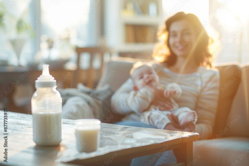 Mother holding baby with milk bottle on table in cozy home setting, sunlight flooding room, parental love concept Mother holding baby with milk bottle on table in cozy home setting, sunlight flooding room, parental love concept