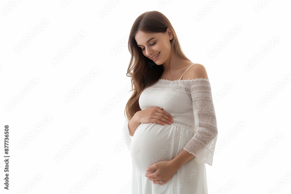 Smiling pregnant woman holding belly in lace dress Smiling pregnant woman holding belly in lace dress