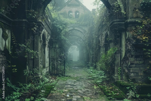 A dark, overgrown tunnel with a gate in the middle. The gate is rusted and the tunnel is full of vines and moss. The atmosphere is eerie and mysterious © At My Hat