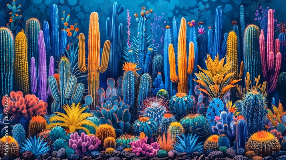 Fototapeta premium Brightly colored cacti add a touch of desert beauty with their vibrant hues and unique shapes perfect for southwestern-themed backgrounds and illustrations Background Illustration, Bright color