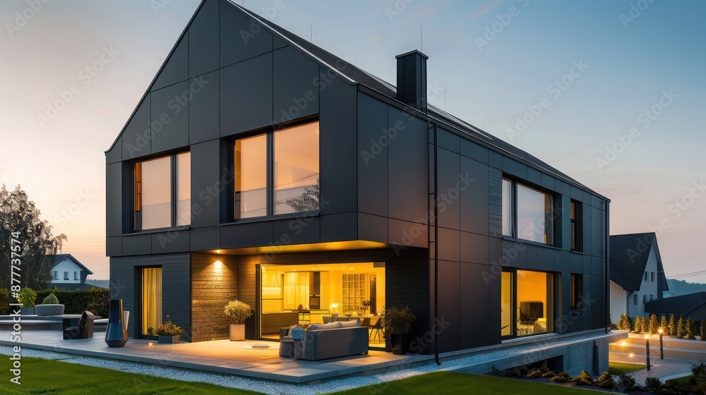 suburban house with a modern fa? section ade of dark, matte panels and bright, energy-efficient windows creating a stark contrast