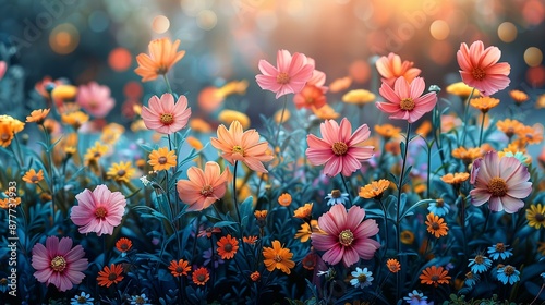 Colorful spring meadows burst with life and color showcasing a variety of blooms in full glory ideal for nature-inspired backgrounds Background Illustration, Bright color tones, , Minimalism,