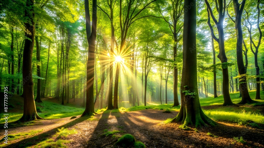 Obraz premium The Serene Symphony of a Sunlit Forest: Where Golden Rays Dance Among Verdant Canopy Generative AI Algorithmic art