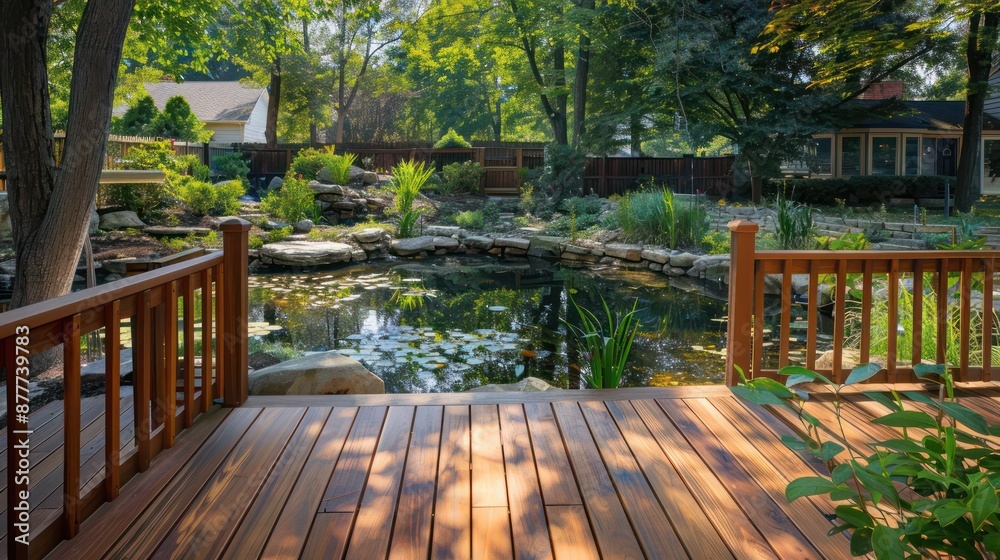 tranquil suburban backyard with a Craftsman-style wooden deck overlooking a natural pond tranquil suburban backyard with a Craftsman-style wooden deck overlooking a natural pond