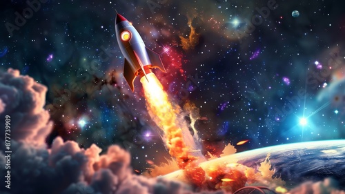 A cartoon rocket taking off into space, leaving behind a trail of fiery exhaust