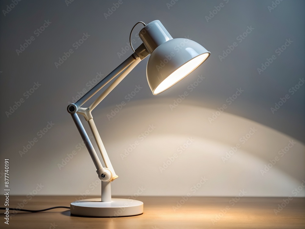 Sleek white desk lamp with adjustable arm and rounded shade, standing upright on a minimalist desk, surrounded by subtle shadows, against a soft blurred background. Sleek white desk lamp with adjustable arm and rounded shade, standing upright on a minimalist desk, surrounded by subtle shadows, against a soft blurred background.