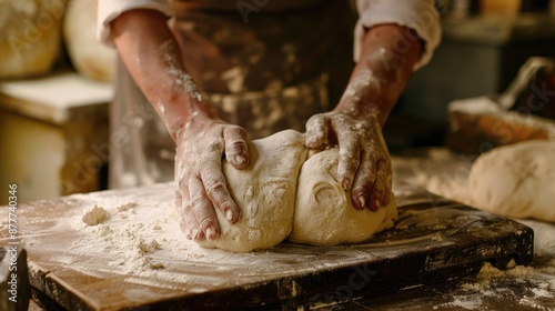 A man is kneading dough on a wooden table. The dough is in the shape of a ball