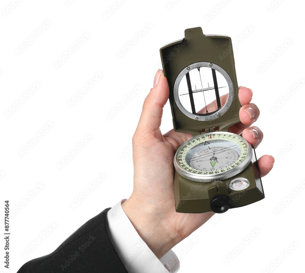 Woman holding compass on white background, closeup Woman holding compass on white background, closeup