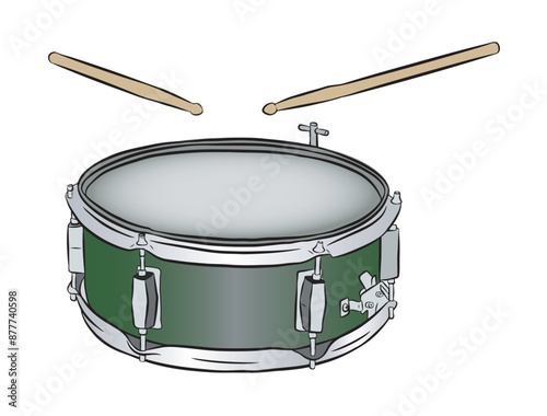 Handmade illustration of bass drum with drumsticks. Isolated on transparent background.