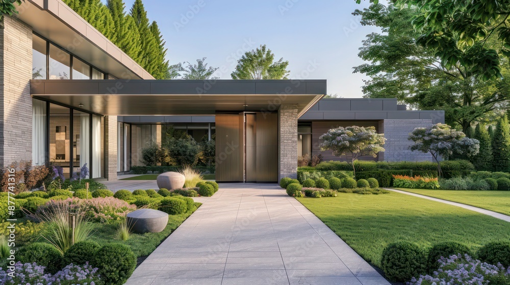 Fototapeta premium Contemporary suburban home with a large, pivoting front door and a pathway flanked by modern, sculptural landscaping