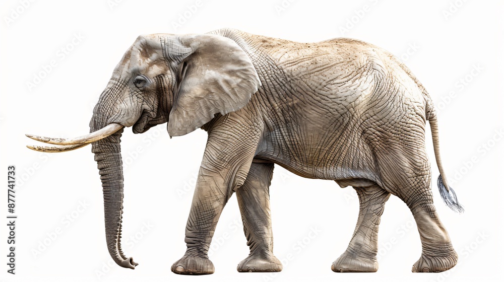 Fototapeta premium Majestic Elephant with Raised Trunk in Minimalist Studio Isolated on White Background