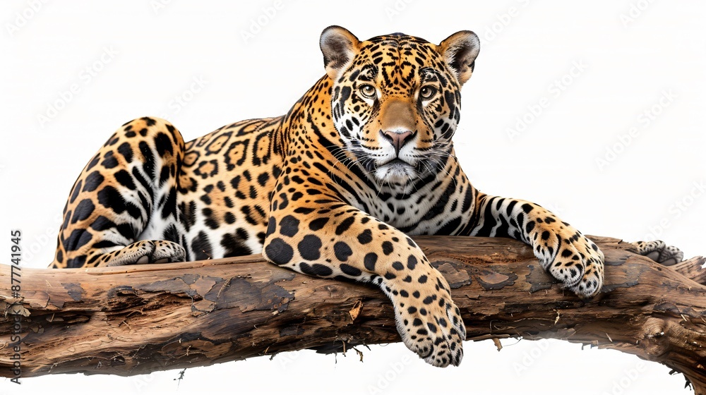 Fototapeta premium Majestic Jaguar Lounging on Branch in Studio Isolated Setting