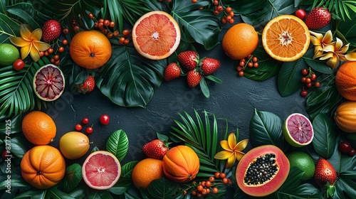 Tropical fruit trees laden with vibrant fruits bring a touch of exotic beauty to any project perfect for food-themed backgrounds Background Illustration, Bright color tones, , Minimalism, © DARIKA