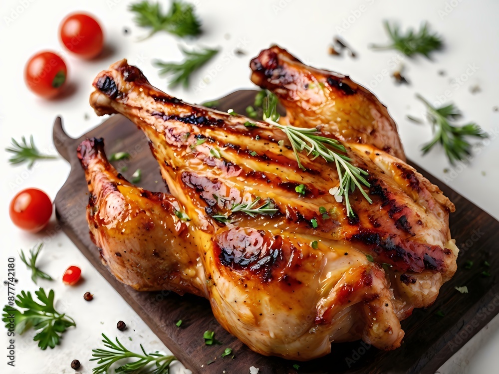 delicious grilled chicken on white background Side and top view of BBQ Food delicious grilled chicken on white background Side and top view of BBQ Food
