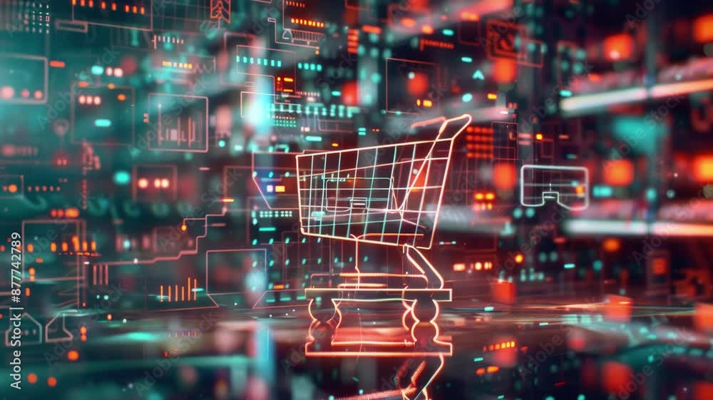 Artificial Intelligence in Retail concept, featuring a high-tech background and a prominent shopping cart symbol, symbolizing the integration of AI in shopping experiences. Artificial Intelligence in Retail concept, featuring a high-tech background and a prominent shopping cart symbol, symbolizing the integration of AI in shopping experiences.