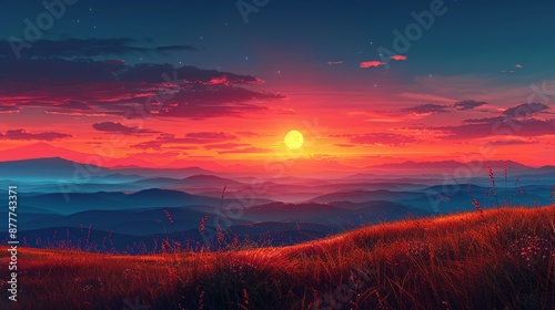 Sunset over fields paints the sky with warm hues blending seamlessly into the horizon creating a serene and calming atmosphere perfect for picturesque backgrounds Background Illustration, Bright