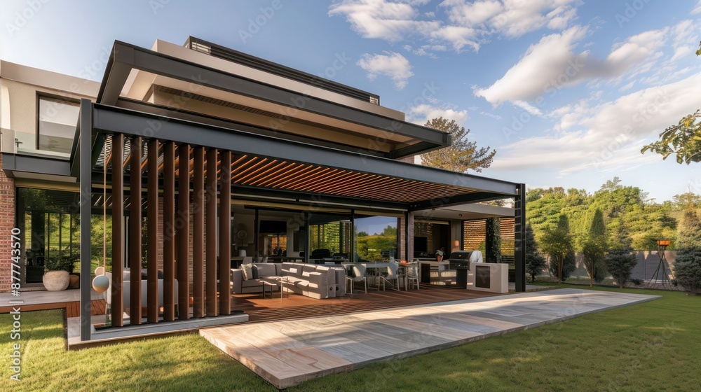 Mid-century modern suburban home with a motorized pergola that adjusts its slats based on weather conditions, providing the perfect outdoor living space regardless of the weather Mid-century modern suburban home with a motorized pergola that adjusts its slats based on weather conditions, providing the perfect outdoor living space regardless of the weather