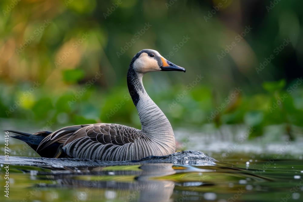 Obraz premium Full body view of Bar-headed Goose swimming in lake natural habitat, full body shot, full body View