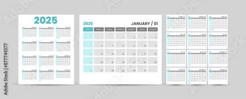 2025 Calendar. 12 Pages for 2025 Monthly Calendar Template and one page wall calendar template. Clean and Simple Design ready to print. 2025 Wall and office desk Planner Calendar.