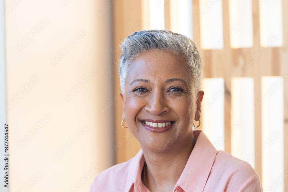 Smiling senior woman in casual shirt, looking at camera, indoors Smiling senior woman in casual shirt, looking at camera, indoors