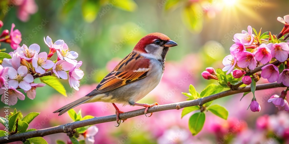 A small brown sparrow perches on a delicate branch of a blooming tree, surrounded by lush green leaves and vibrant pink flowers on a sunny day. A small brown sparrow perches on a delicate branch of a blooming tree, surrounded by lush green leaves and vibrant pink flowers on a sunny day.