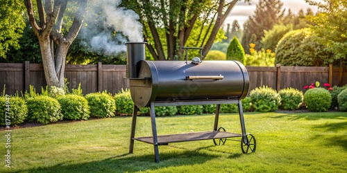 Texas Charcoal offset smoker sitting in backyard during cookout, smoker, grill, Texas, charcoal, backyard, cookout, BBQ, outdoor cooking
