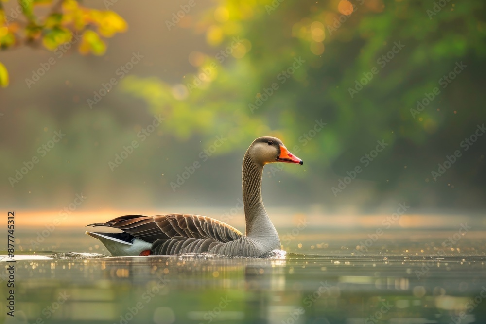 Obraz premium Full body view of Greylag Goose swimming in lake natural habitat, full body shot, full body View