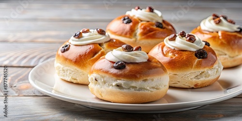 Buns with cream and raisins on a white plate, buns, cream, raisins, dessert, sweet, pastry, homemade, bakery, delicious