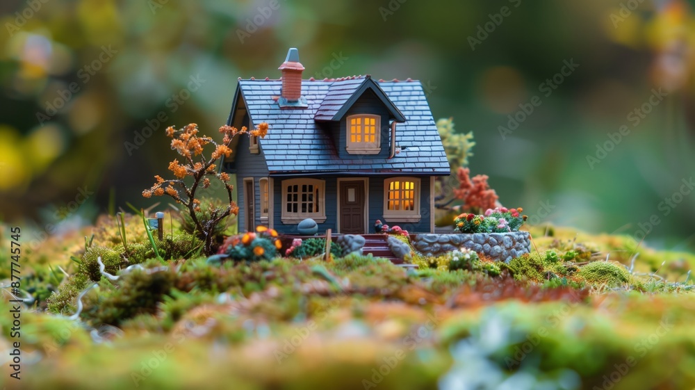 Toy country house against a backdrop of nature in a forest Toy country house against a backdrop of nature in a forest