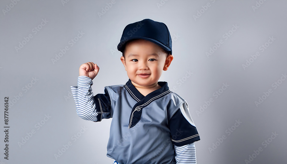 Baby Boy in Baseball Uniform Celebrating with Fist Pump Baby Boy in Baseball Uniform Celebrating with Fist Pump