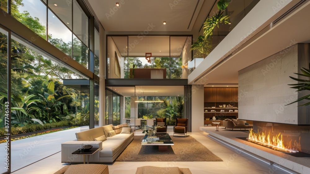 Fototapeta premium Modern suburban living area with a double-height ceiling, an ultra-modern fireplace, and views of the lush outdoors