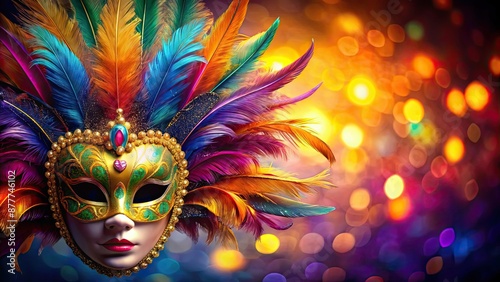 Carnival mask with vibrant feathers as costume accessory for festive celebration , Carnival, mask, feathers, vibrant