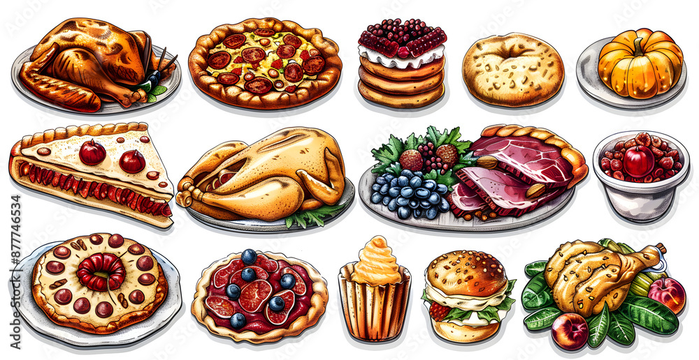 A collection of food items including pies, cakes, and sandwiches A collection of food items including pies, cakes, and sandwiches