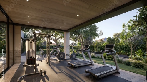 Suburban contemporary home with a covered outdoor gym area featuring modern equipment and views of the garden