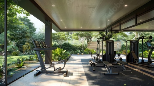 Suburban contemporary home with a covered outdoor gym area featuring modern equipment and views of the garden