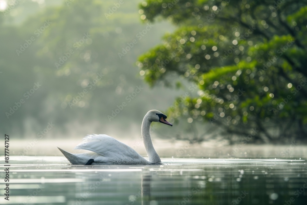 Fototapeta premium Full body view of Whistling Swan swimming in lake natural habitat, full body shot, full body View