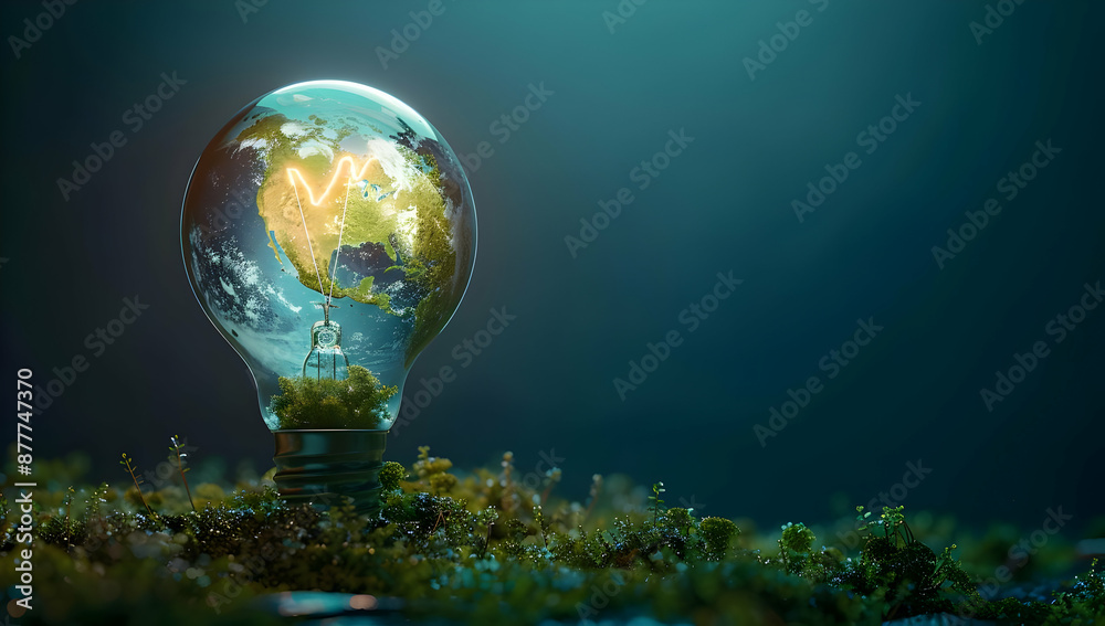 Obraz premium A glowing light bulb with an image of Earth inside, symbolizing global sustainability and renewable energy, resting on a bed of green moss.
