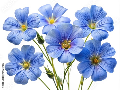 Delicate blue flax flowers with five petals and golden centers bloom abundantly, isolated on a pure white background, showcasing their intricate beauty and texture.
