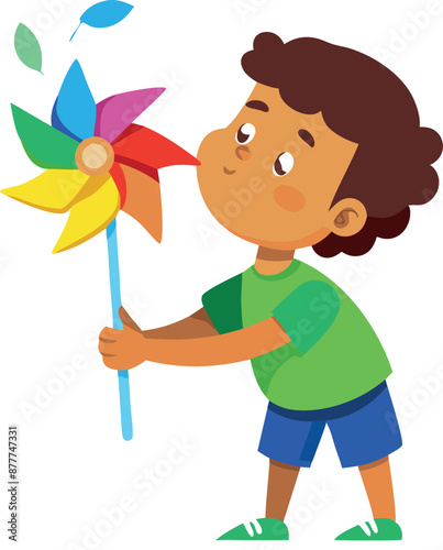 Illustration of a happy boy playing with a colorful pinwheel