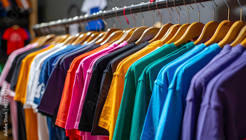 Wallpaper Mural A colorful assortment of t-shirts hanging on wooden hangers in a clothing store display, showcasing a variety of vibrant shades and sizes. Torontodigital.ca