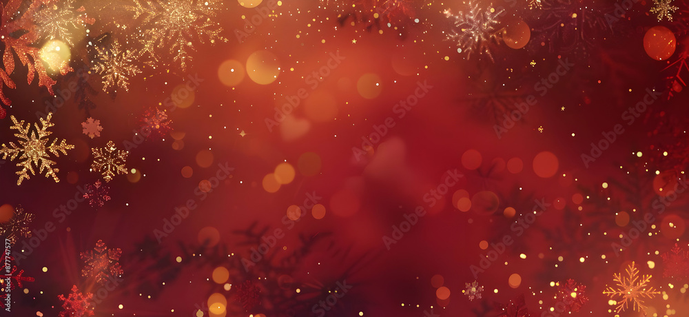 Beautiful red festive background with golden snowflakes and bokeh lights, perfect for holiday and Christmas designs. Beautiful red festive background with golden snowflakes and bokeh lights, perfect for holiday and Christmas designs.