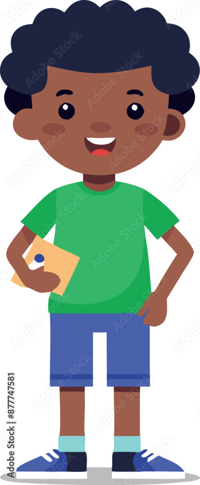 Happy boy holding a card with a smile on his face, wearing a green shirt and blue shorts Happy boy holding a card with a smile on his face, wearing a green shirt and blue shorts
