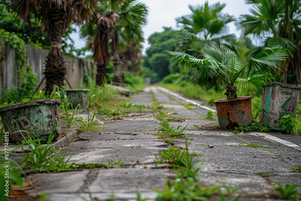 Forgotten Tropical Paradise Palm-lined Street with Crumbling Ruins, a Glimpse into a Bygone Era of Lush Greenery and Decaying Structures Forgotten Tropical Paradise Palm-lined Street with Crumbling Ruins, a Glimpse into a Bygone Era of Lush Greenery and Decaying Structures