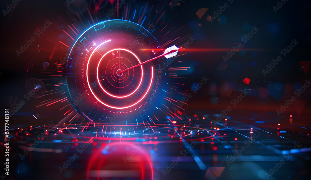Futuristic target with a dart hitting the bullseye, symbolizing precision, accuracy, and achievement in a digital landscape. Futuristic target with a dart hitting the bullseye, symbolizing precision, accuracy, and achievement in a digital landscape.