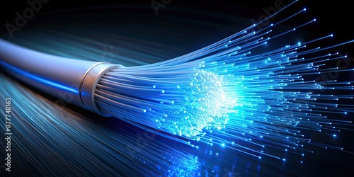 Obraz na płótnie Blue fiber optic cable with glowing end light, fiber optic, cable, blue, technology, data, communication, connection w salonie