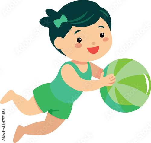 Happy cartoon child playing with a ball in a green outfit