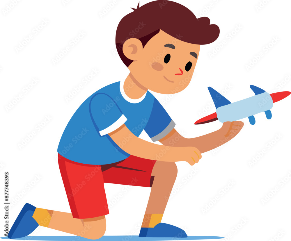 Illustration of a boy kneeling and playing with a toy airplane Illustration of a boy kneeling and playing with a toy airplane